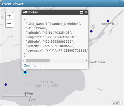 GeoEvent attribute data viewed in a pop-up in the Event Viewer window GeoEvent attribute data viewed in a pop-up in the Event Viewer window