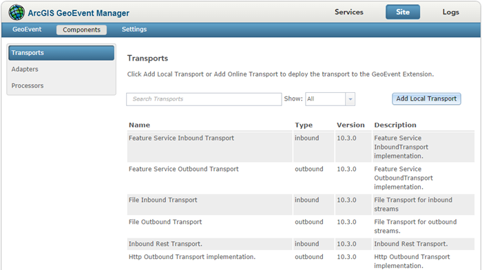 List of available transports deployed with GeoEvent Server List of available transports deployed with GeoEvent Server