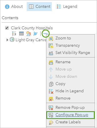 Configure Pop-up selected in the More Options menu for the layer Configure Pop-up selected in the More Options menu for the layer