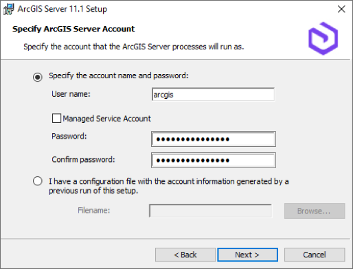 Specify the ArcGIS Server account. Specify the ArcGIS Server account.